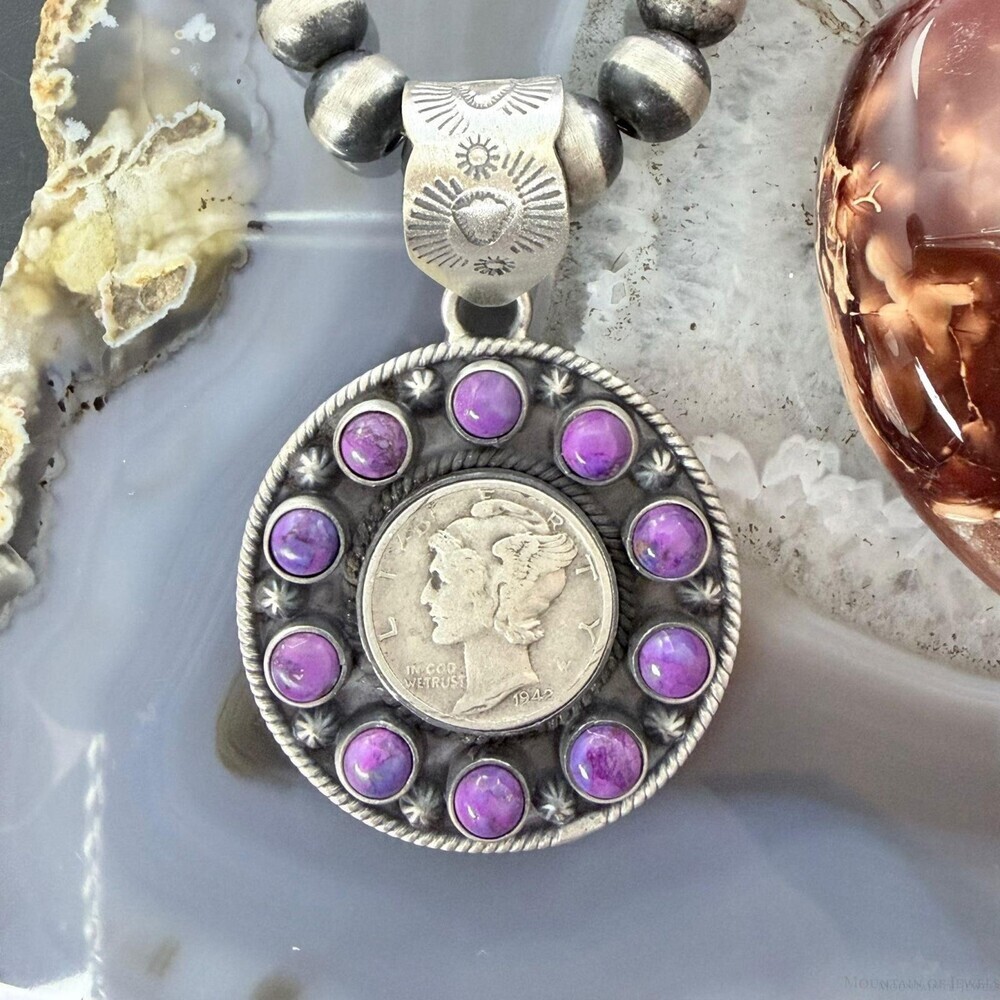 Genuine 90% Silver Mercury Dime Coin W/Purple Dahlia Decorated Unisex Pendant